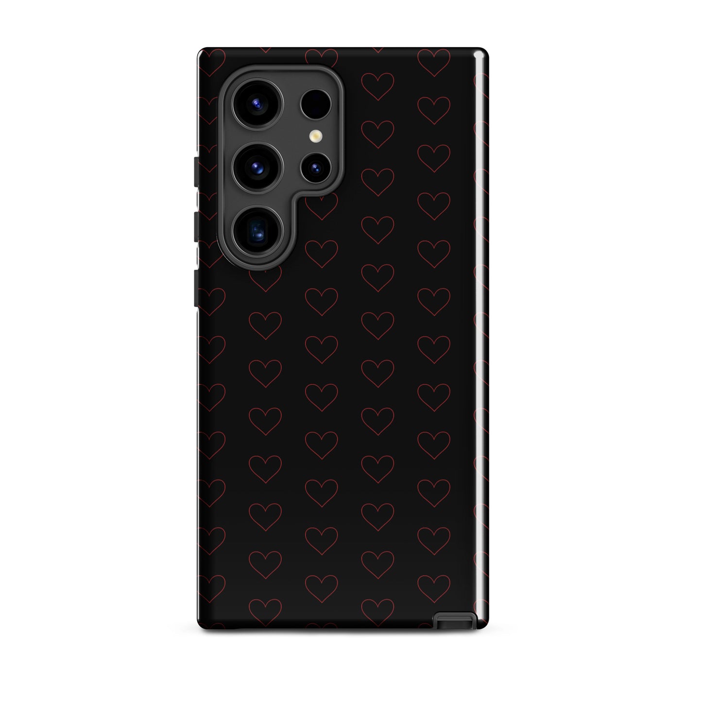 Phone Case for Samsung Galaxy with crimson heart pattern, featuring minimalist red heart outlines on a sleek black background.