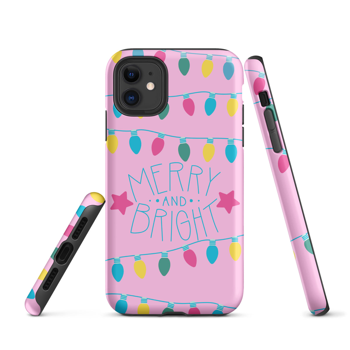 Phone Case for iPhone with Merry and Bright holiday lights and stars on a pink background, featuring colorful bulbs.