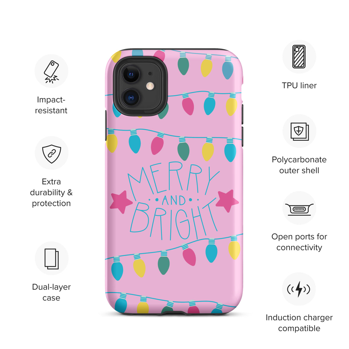 Phone Case for iPhone - Merry and Bright Holiday Lights with festive design on pink background showcasing cheerful lights and stars.