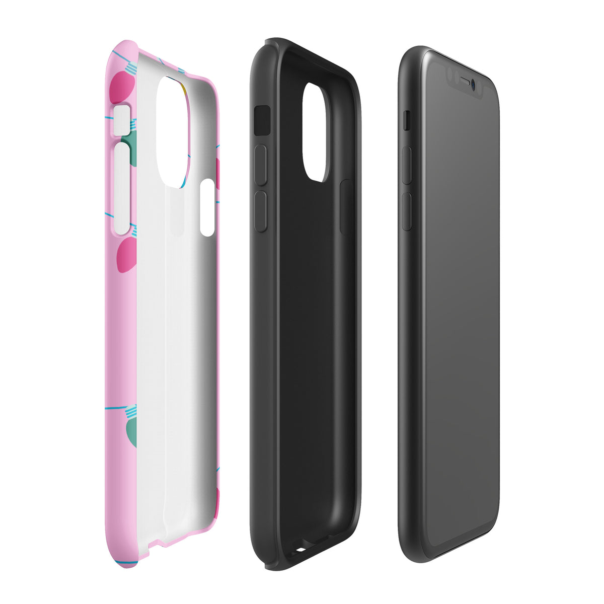 Phone Case for iPhone with holiday lights design and pink background, featuring "Merry and Bright" message, side and back view shown.