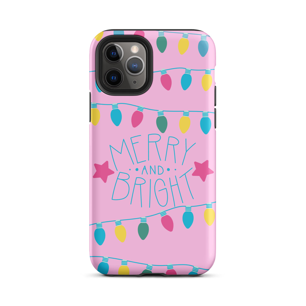 Phone Case for iPhone with Merry and Bright Holiday Lights design on pink background featuring colorful festive bulbs and stars.