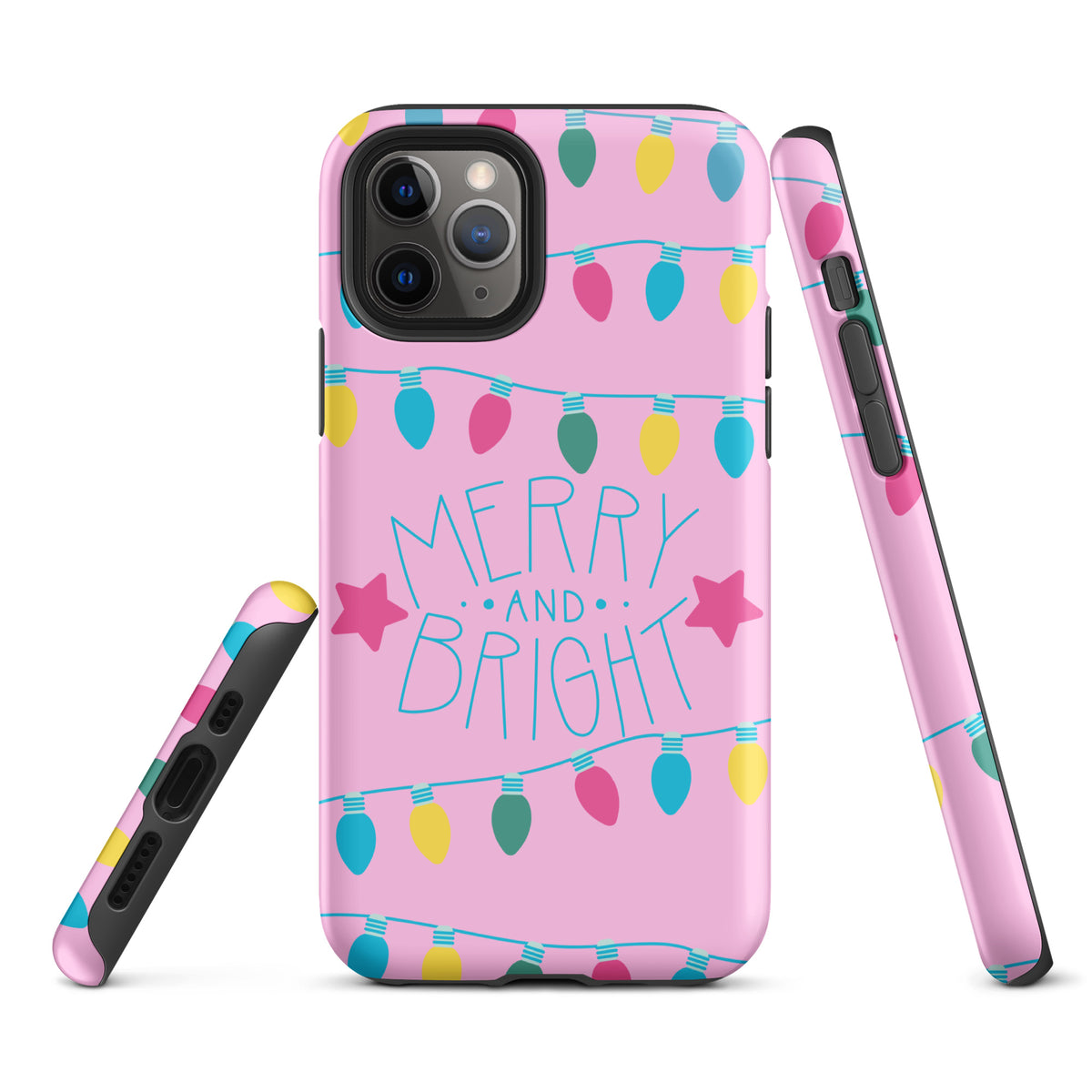Phone Case for iPhone with Merry and Bright holiday lights design, featuring colorful bulbs and stars on a bright pink background.