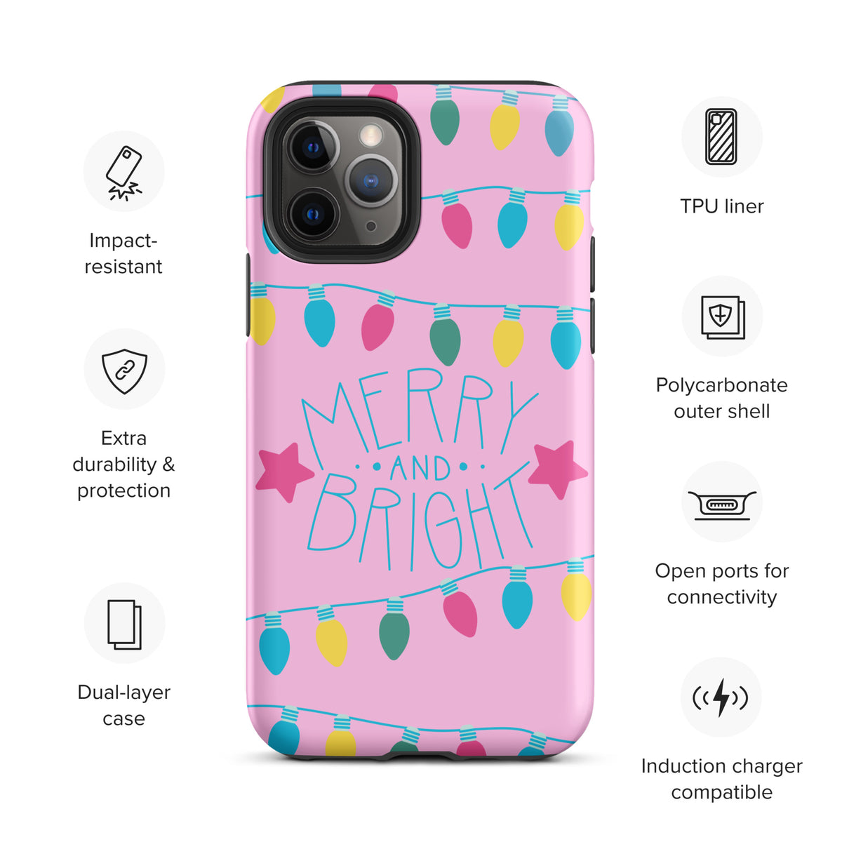 Phone Case for iPhone with Merry and Bright holiday lights design, featuring a pink background with colorful bulbs and stars.