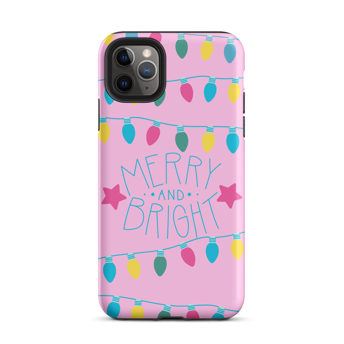 Phone Case for iPhone with "Merry and Bright" holiday lights design on pink background, featuring colorful bulbs and playful stars.