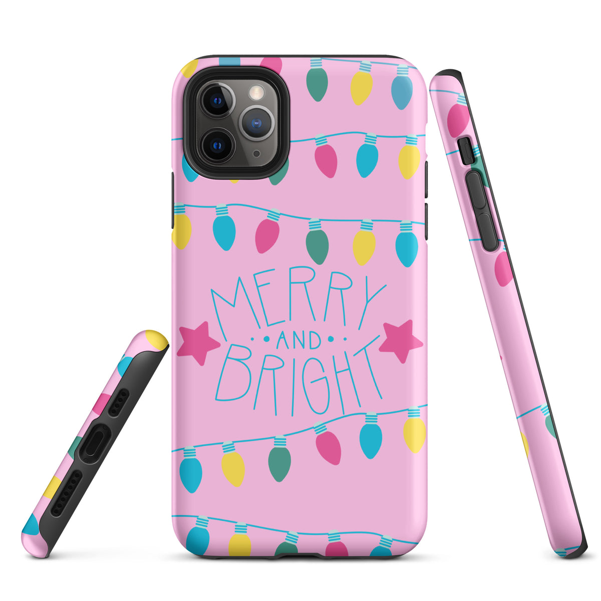 Phone Case for iPhone with Merry and Bright holiday lights on a pink background featuring colorful bulbs and stars.