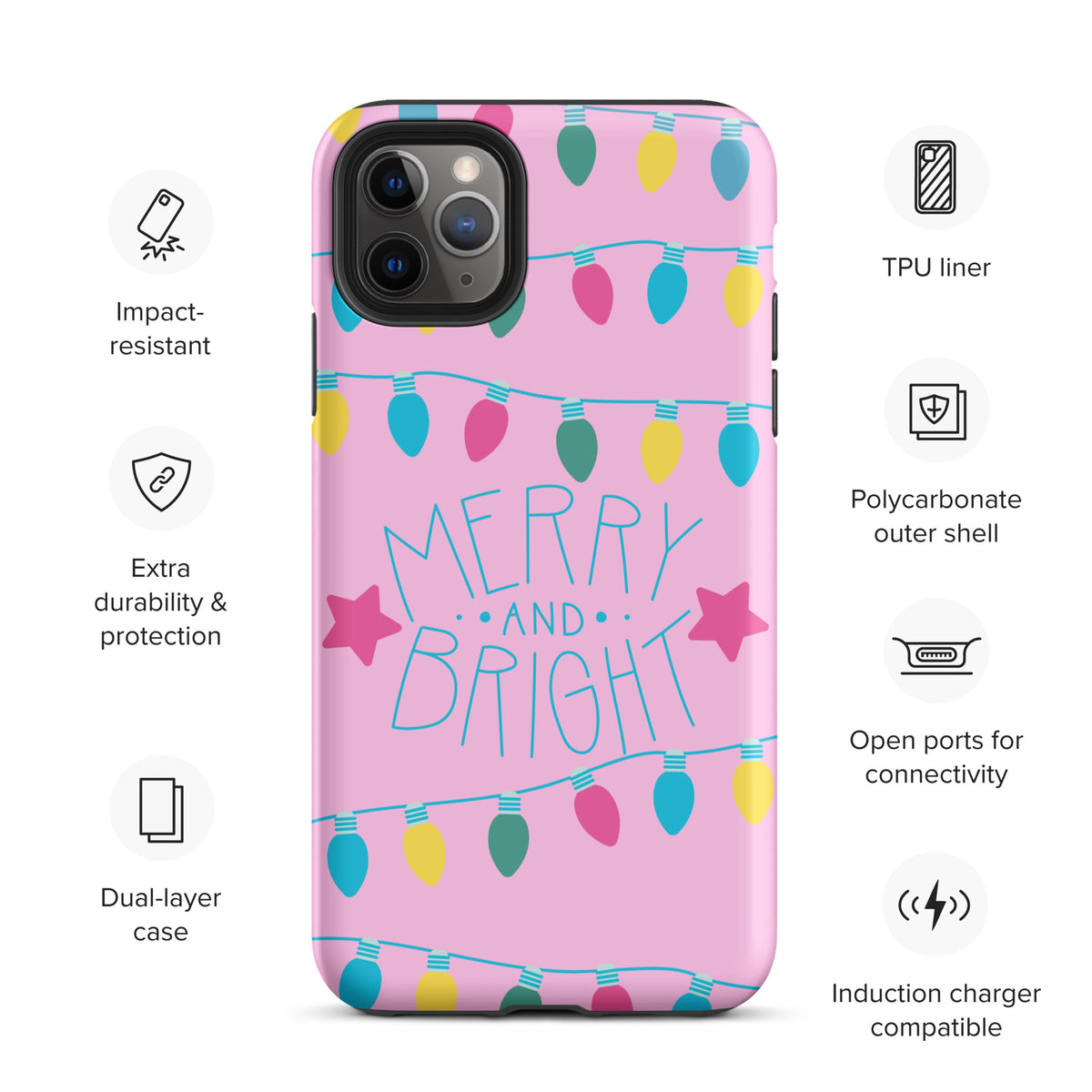 Phone Case for iPhone - Merry and Bright Holiday Lights with colorful bulbs on pink background