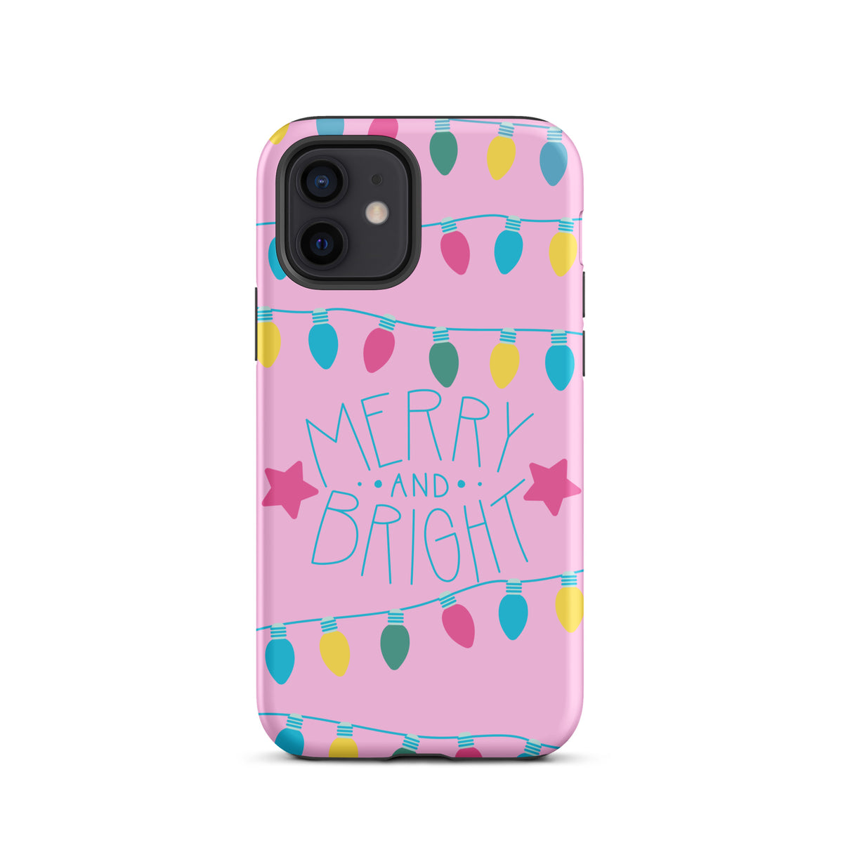 Phone Case for iPhone with Merry and Bright design, pink background, colorful holiday lights and stars, festive holiday accessory.