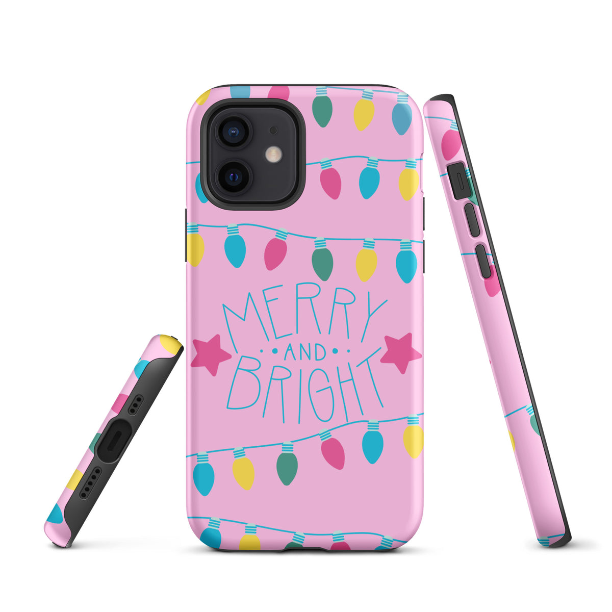 Phone Case for iPhone with Merry and Bright Holiday Lights design, featuring colorful bulbs and stars on a pink background.