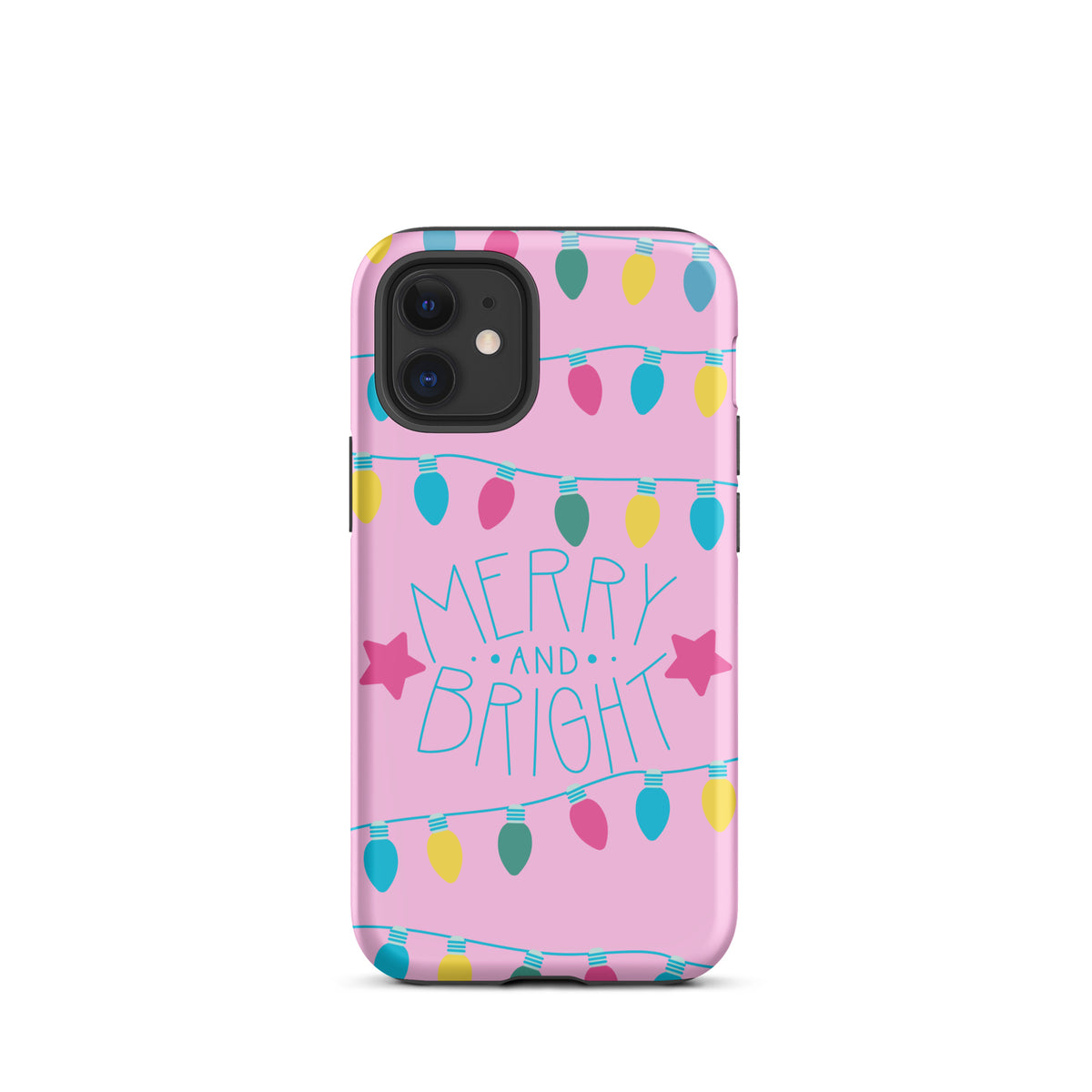 Phone Case for iPhone - Merry and Bright Holiday Lights with colorful festive design on bright pink background.