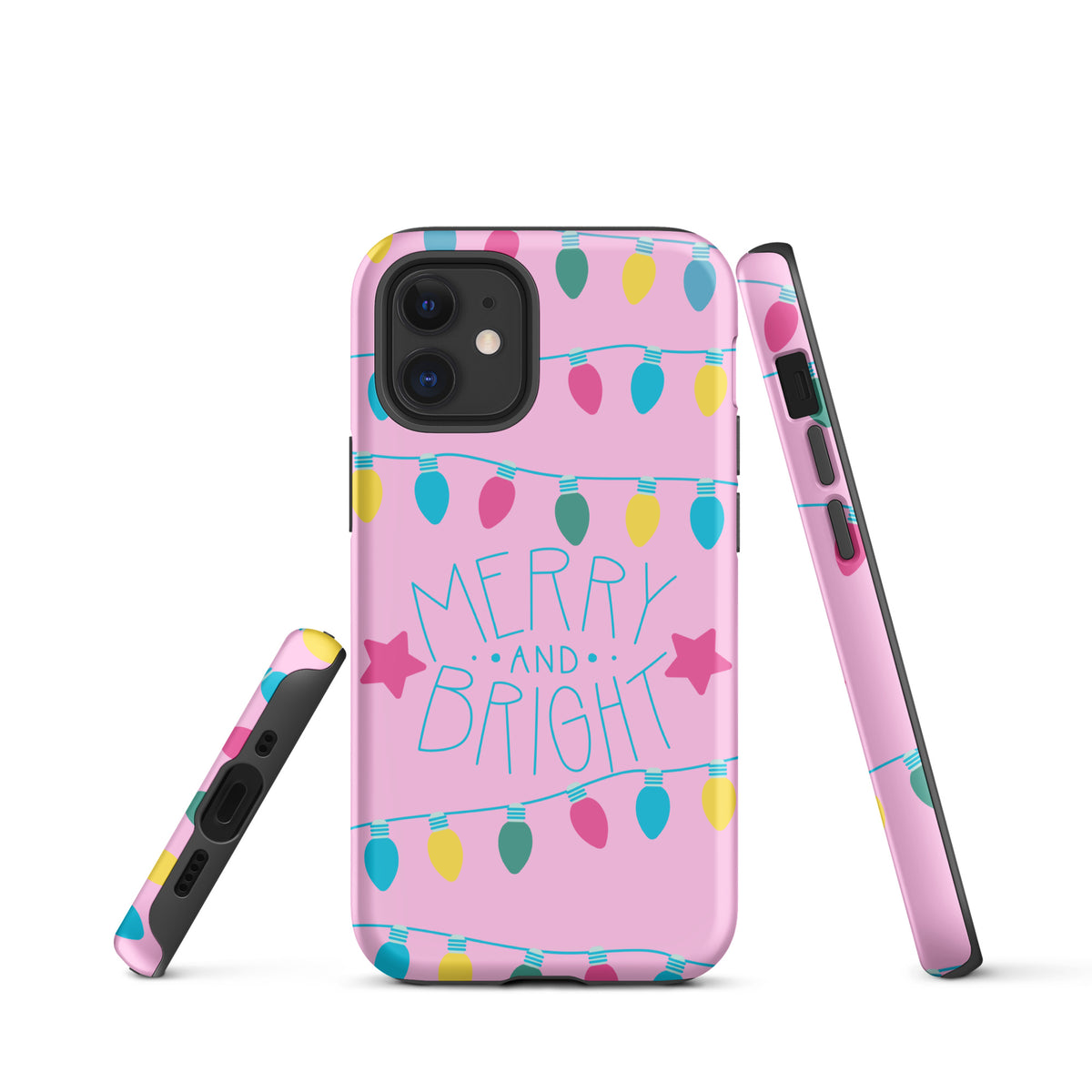 Phone Case for iPhone with Merry and Bright Holiday Lights design on pink background, featuring colorful bulbs and stars.