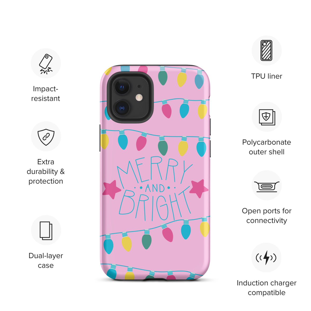 Phone Case for iPhone with Merry and Bright holiday lights design on pink background with stars and colorful bulbs.