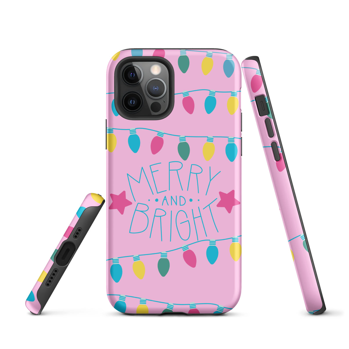 Phone Case for iPhone with colorful holiday lights design and 'Merry and Bright' message on pink background.