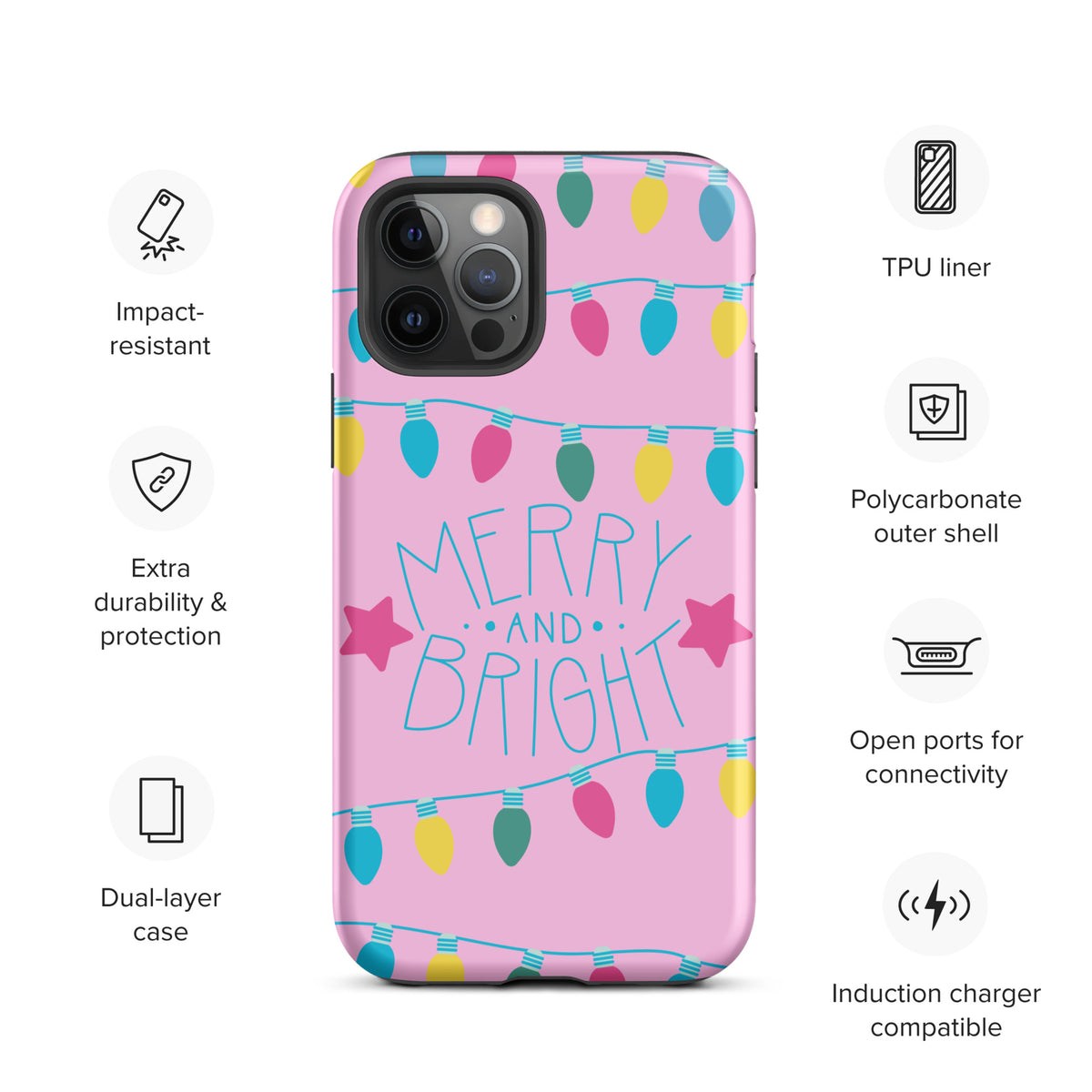 Phone Case for iPhone with 'Merry and Bright' design featuring holiday lights and a pink background, festive and colorful phone accessory.