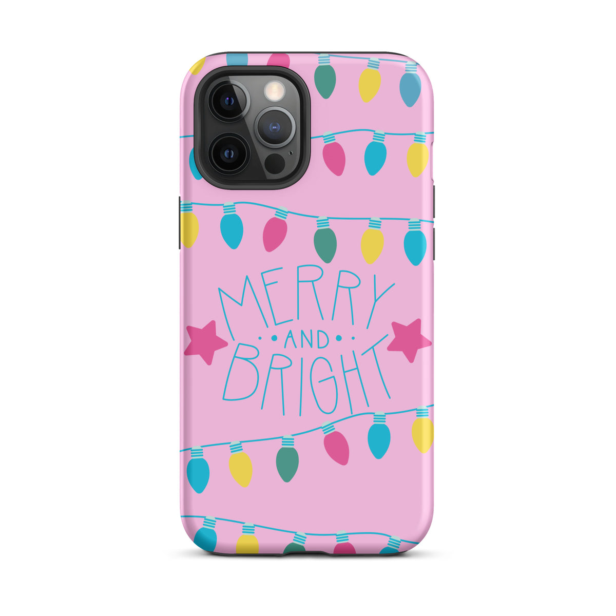 Phone Case for iPhone with 'Merry and Bright' design, featuring colorful holiday lights on a pink background.