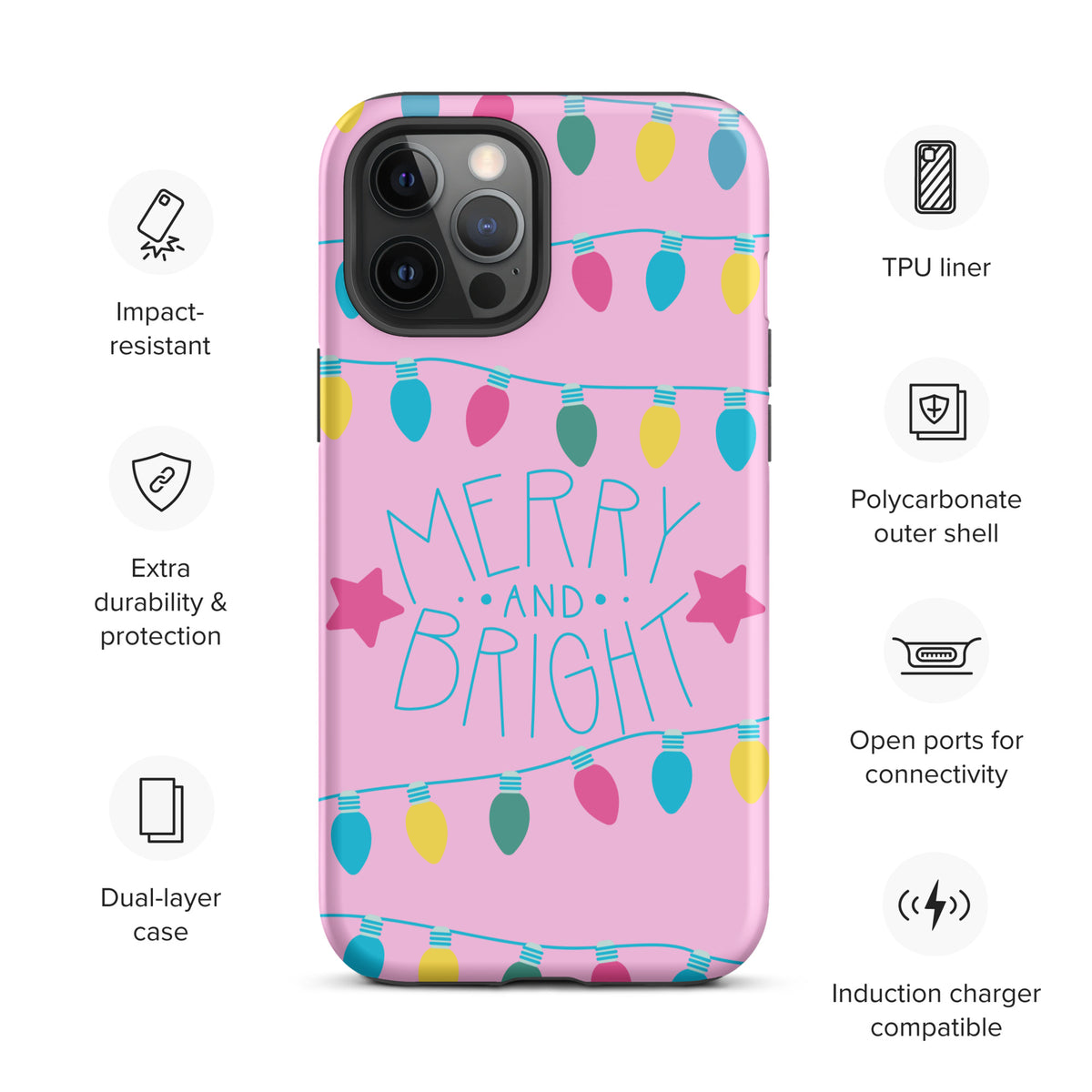 Phone Case for iPhone with festive holiday lights design and Merry and Bright message on pink background, impact-resistant, dual-layer case.