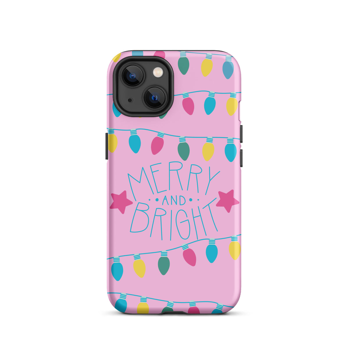 Phone Case for iPhone with festive holiday lights and 'Merry and Bright' message on a pink background, featuring colorful bulbs and stars.