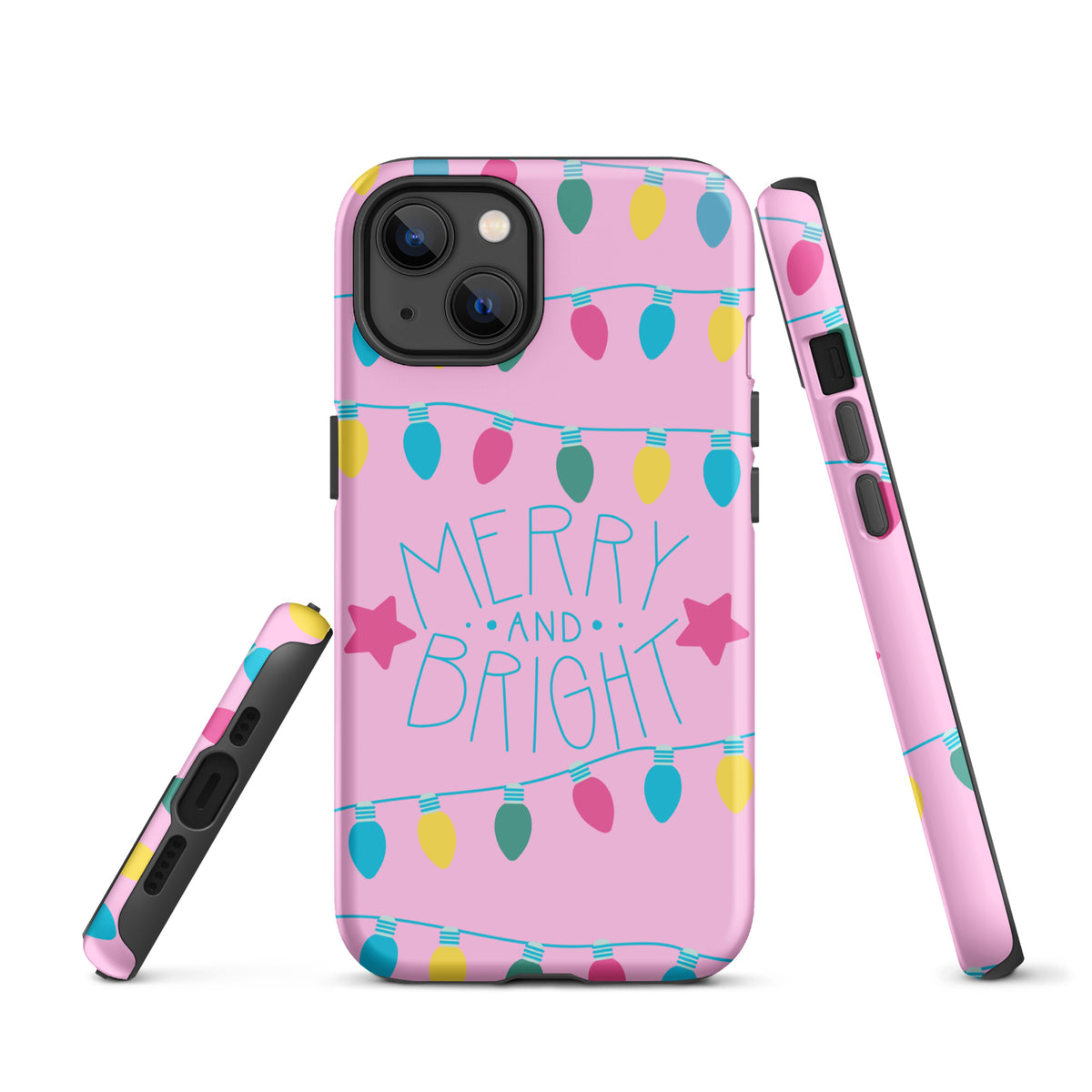 Phone Case for iPhone with Merry and Bright holiday lights design on a pink background featuring colorful bulbs