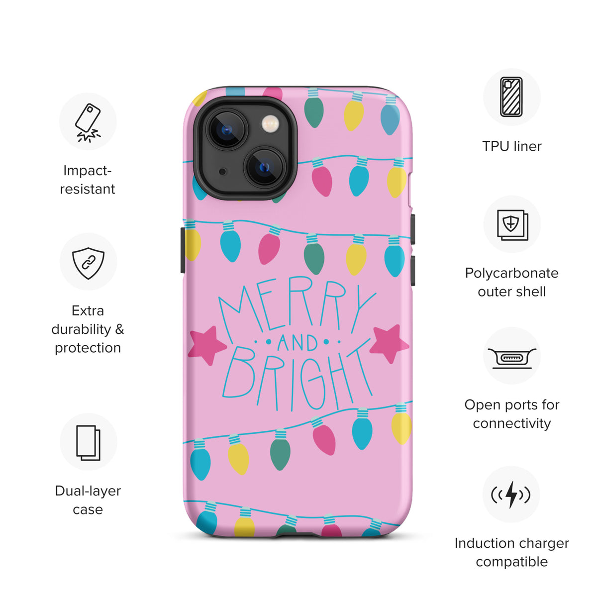 Phone Case for iPhone with 'Merry and Bright' holiday lights design on pink background