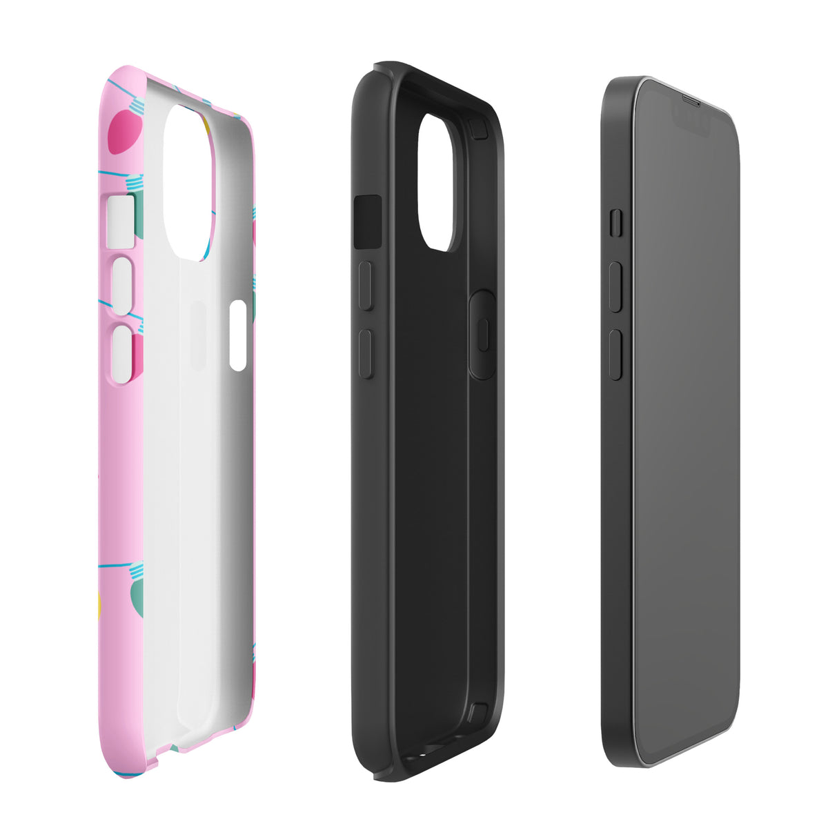 Phone Case for iPhone with Merry and Bright Holiday Lights design featuring colorful bulbs on a pink background.
