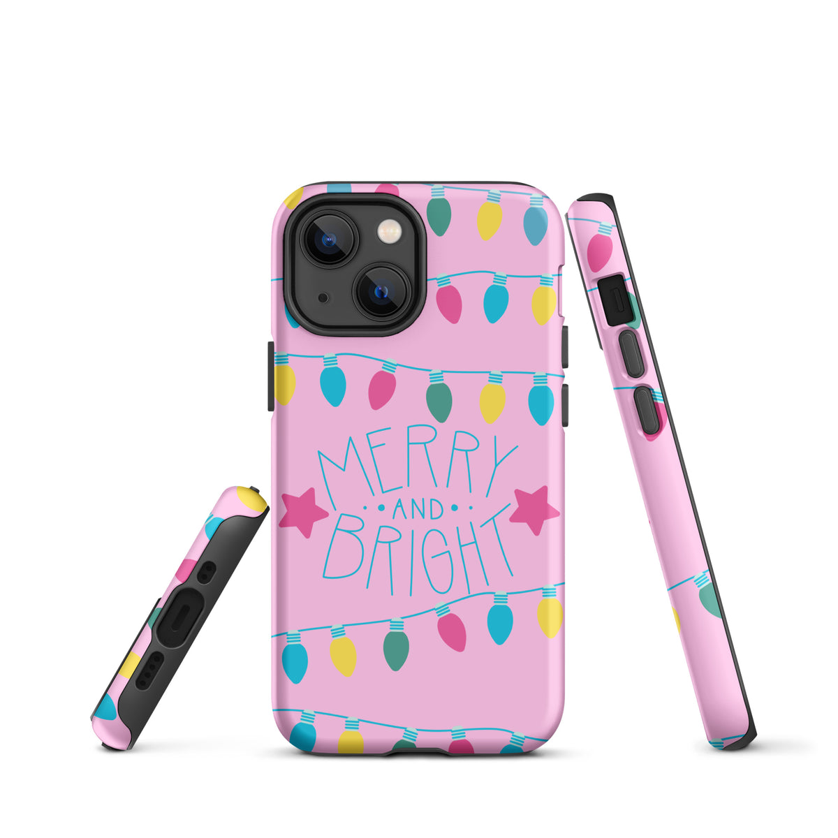 Phone Case for iPhone with Merry and Bright holiday lights on pink background, featuring colorful bulbs and stars.