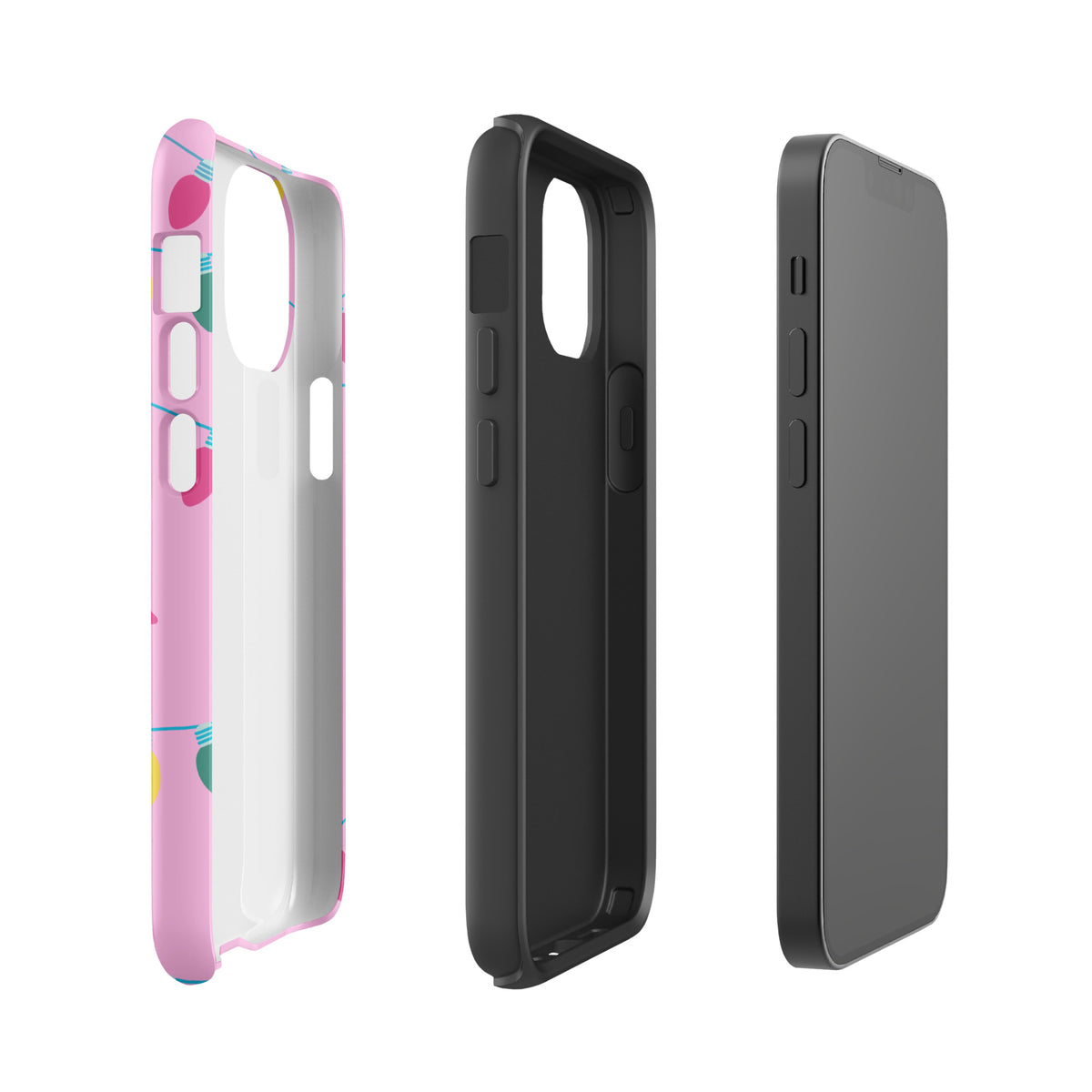 Phone Case for iPhone - Merry and Bright Holiday Lights in pink with colorful lights and stars, front and back view.