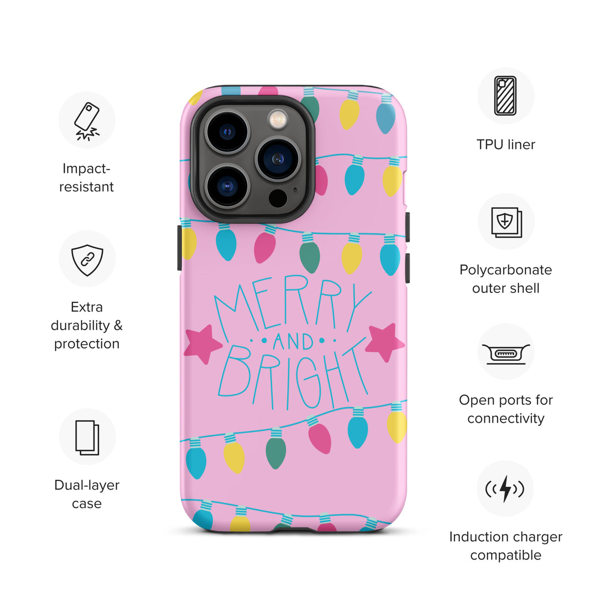 Phone Case for iPhone with Merry and Bright holiday lights design on pink background, showing features like impact resistance and wireless charging compatibility.