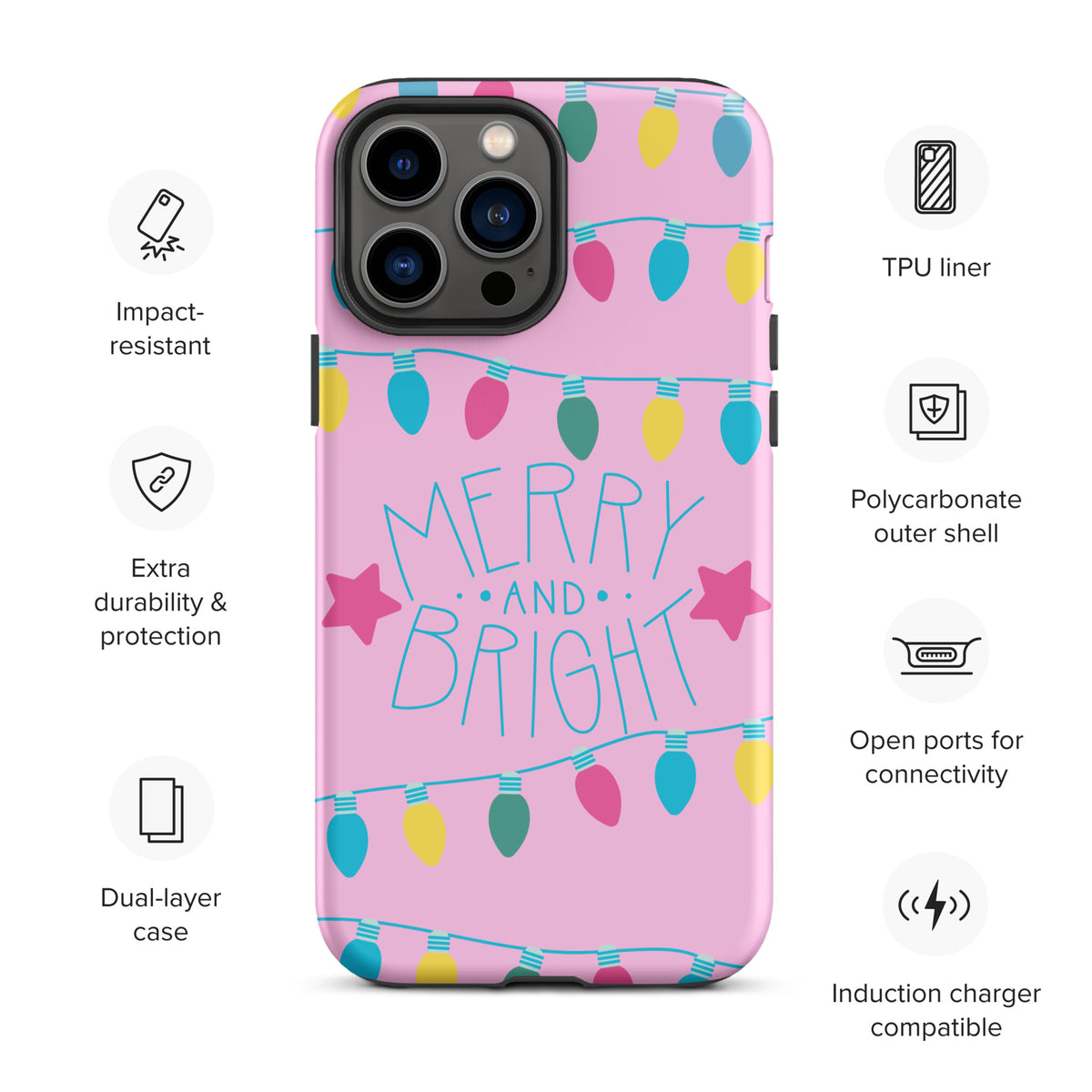 Phone Case for iPhone featuring 'Merry and Bright' design with colorful holiday lights on a pink background.