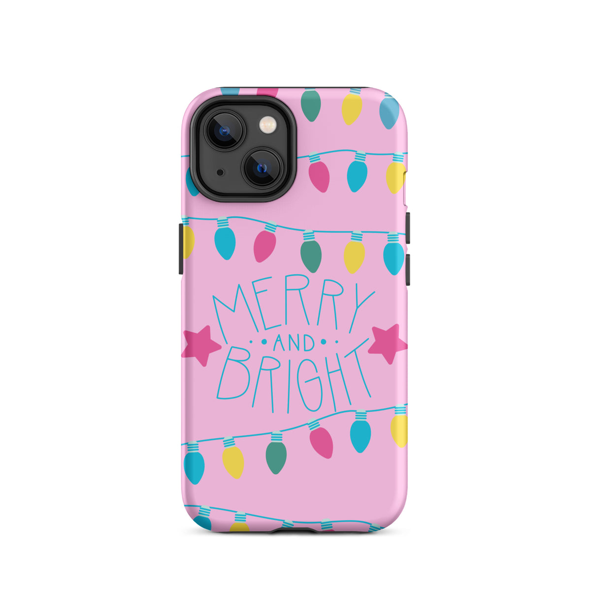 Phone Case for iPhone with Merry and Bright holiday lights design on pink background