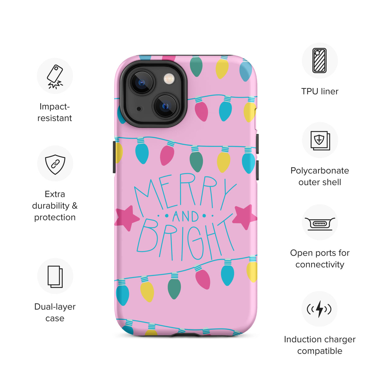 Phone Case for iPhone with Merry and Bright holiday lights on pink background with festive colors and stars