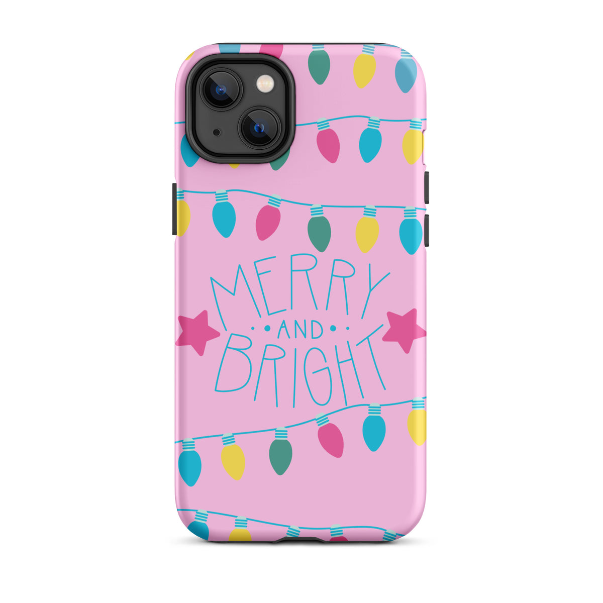 Phone Case with Merry and Bright holiday lights design on pink background, featuring stars and colorful bulbs for iPhone.