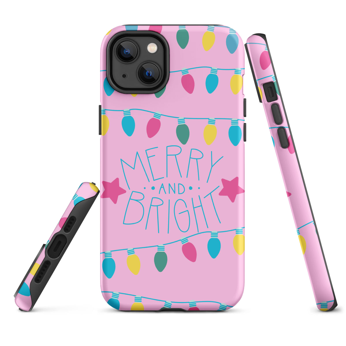 Phone Case for iPhone with Merry and Bright holiday lights design on a pink background