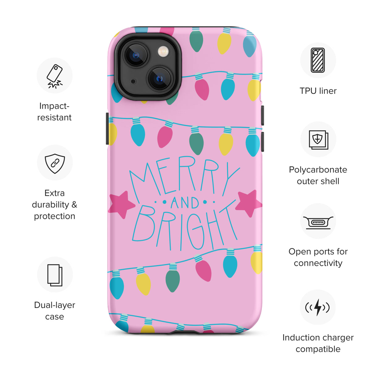 Phone Case for iPhone with Merry and Bright holiday lights design on a pink background, featuring colorful festive bulbs and stars.