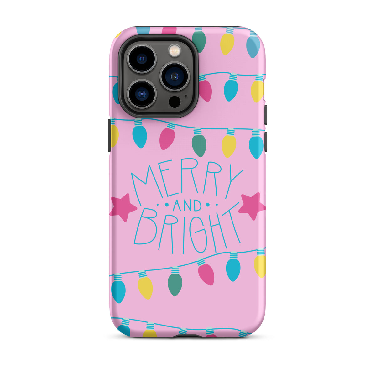 Phone Case for iPhone with Merry and Bright holiday lights design on pink background featuring colorful bulbs and playful stars.