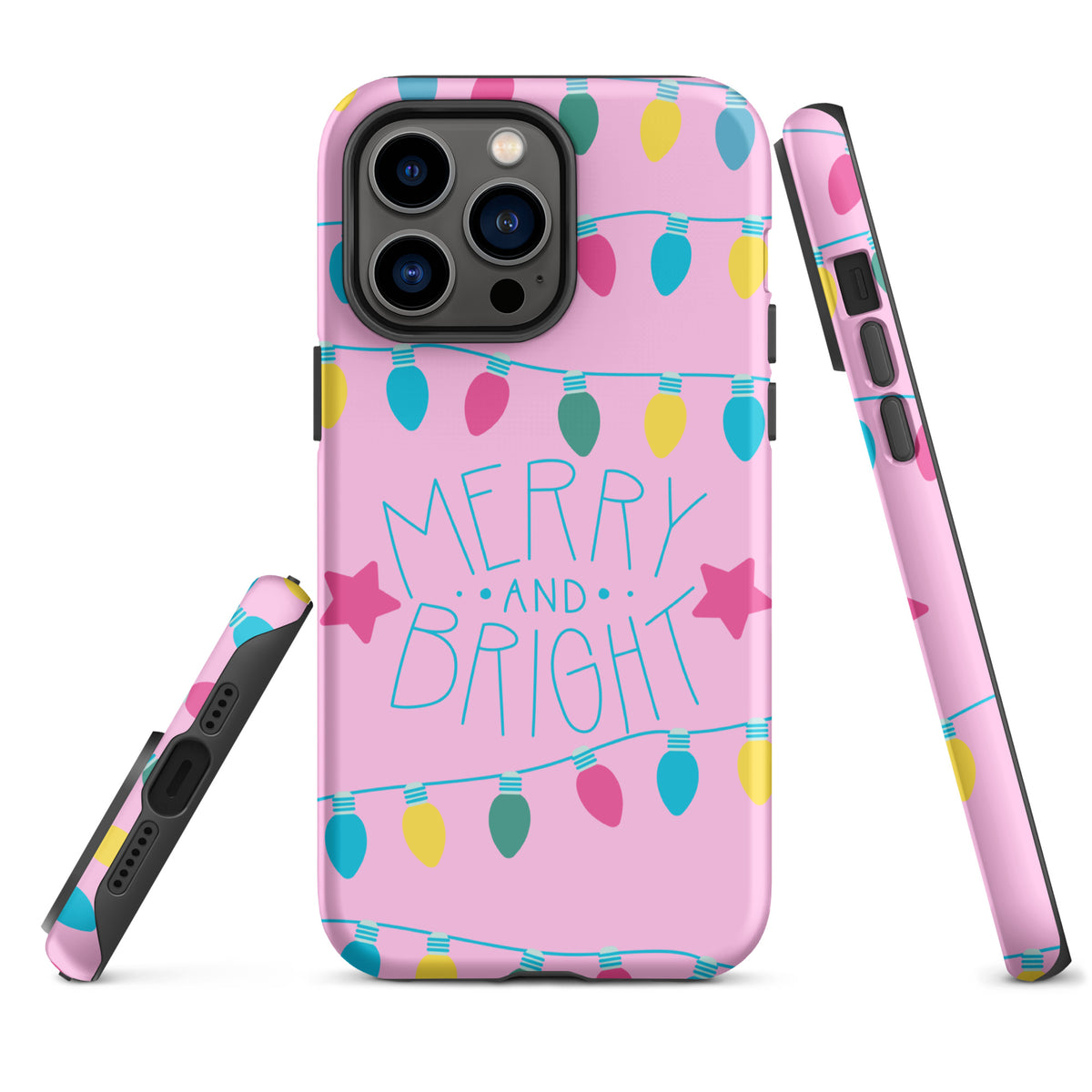Phone Case for iPhone with Merry and Bright holiday lights on pink background