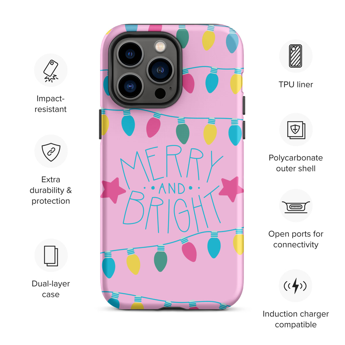 Phone Case for iPhone with holiday lights and 'Merry and Bright' design on pink background