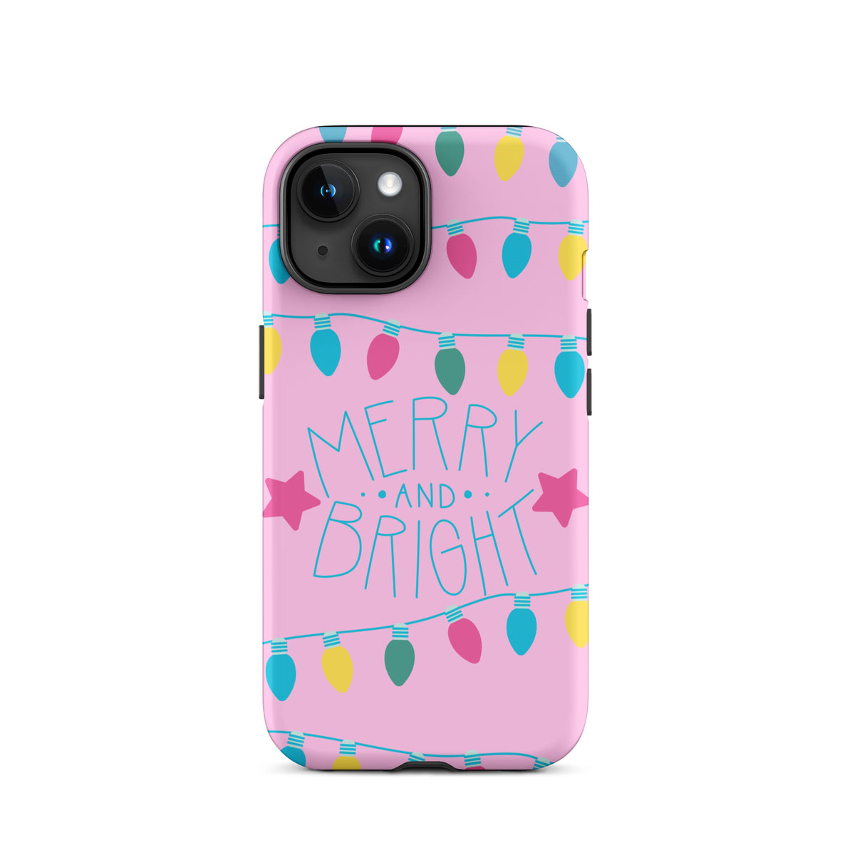 Phone Case for iPhone with holiday lights design on pink background, featuring 'Merry and Bright' message for festive cheer.