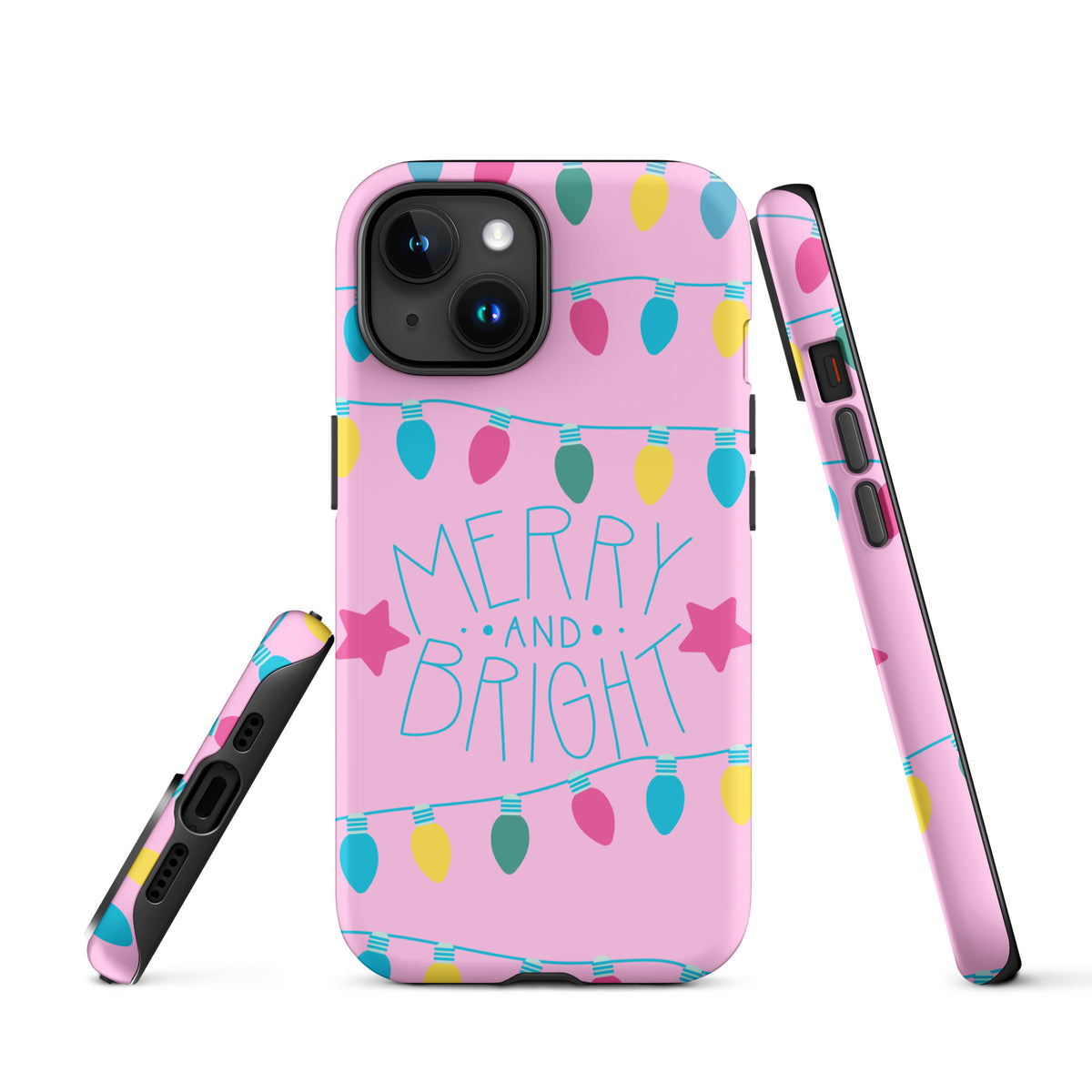 Phone Case for iPhone with Merry and Bright Holiday Lights design on pink background