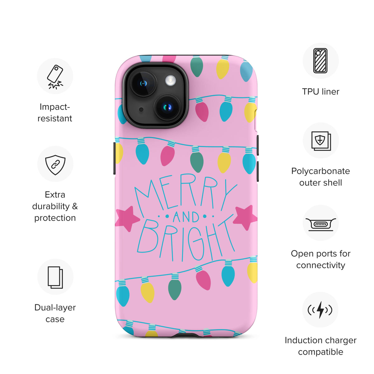 Phone Case with 'Merry and Bright' design featuring colorful holiday lights on a pink background, festive and protective for iPhone.