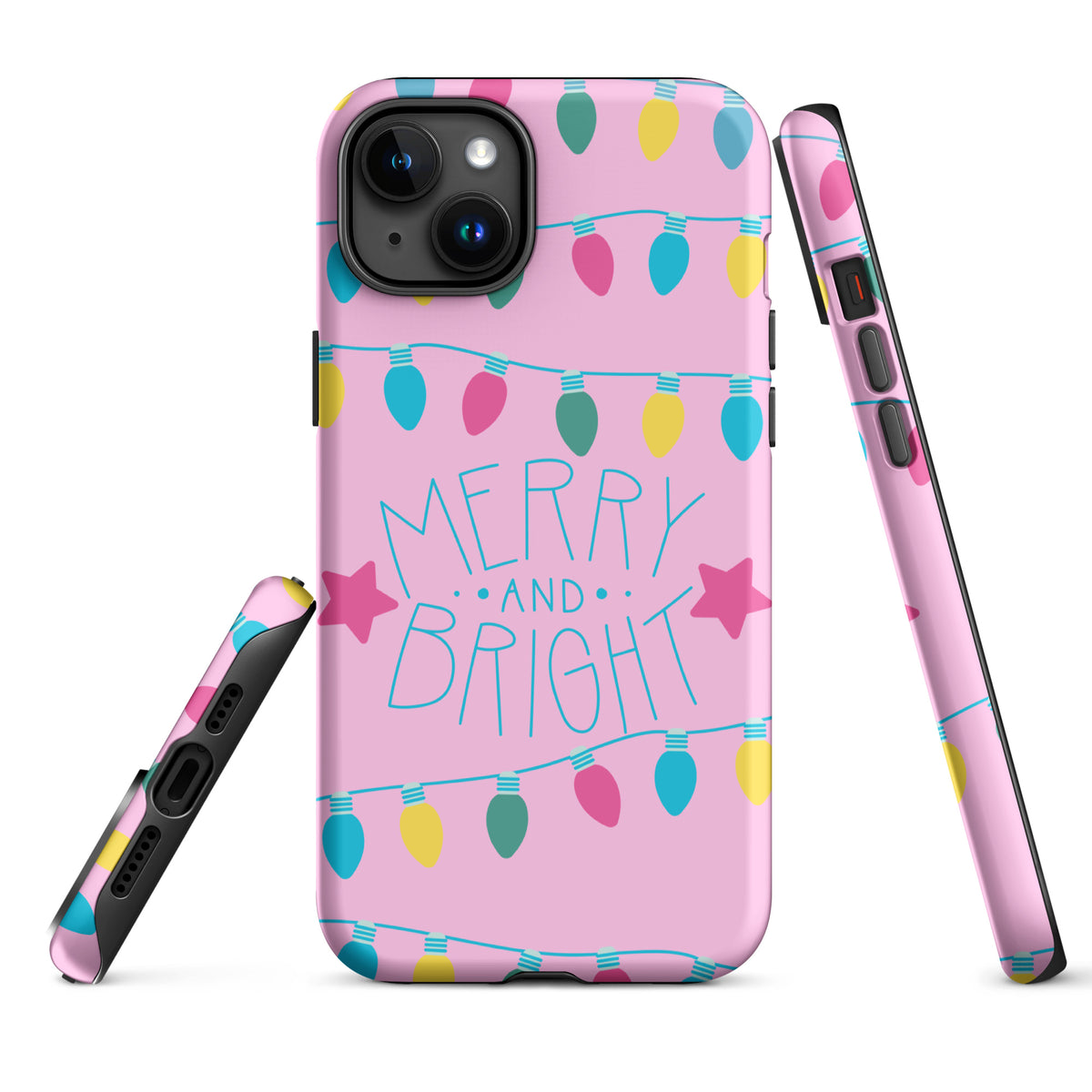 Phone Case for iPhone featuring "Merry and Bright" design with festive lights on pink background.