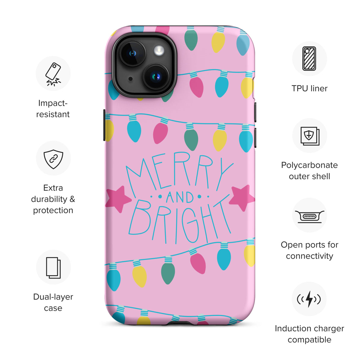 Phone Case with Merry and Bright lights, festive holiday design with colorful bulbs and stars on a pink background for iPhone protection.