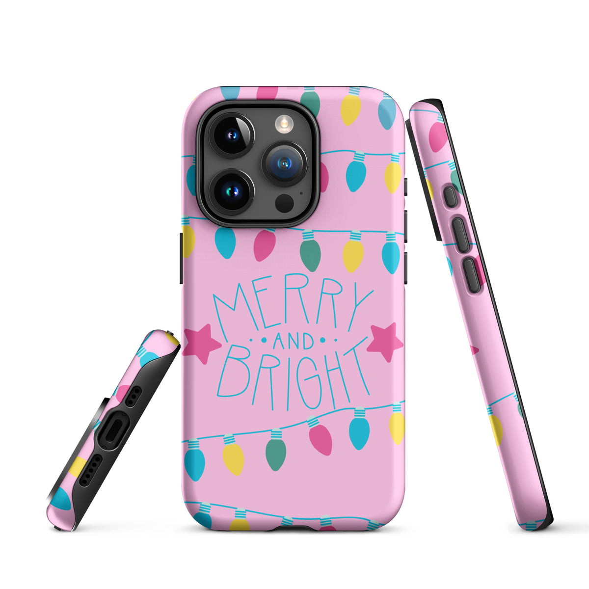 Phone Case for iPhone - Merry and Bright holiday design with colorful lights on pink background.