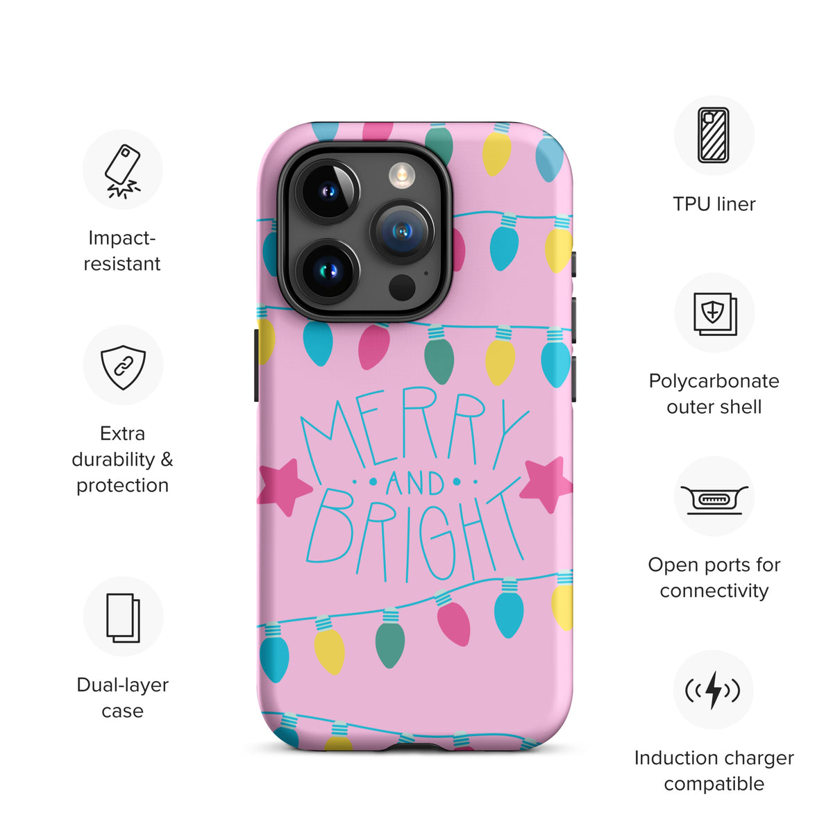 Phone Case for iPhone with Merry and Bright holiday design featuring colorful lights on pink background