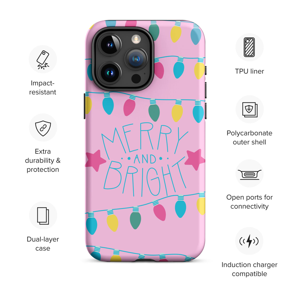 Phone Case for iPhone with Merry and Bright holiday design featuring colorful lights on a pink background