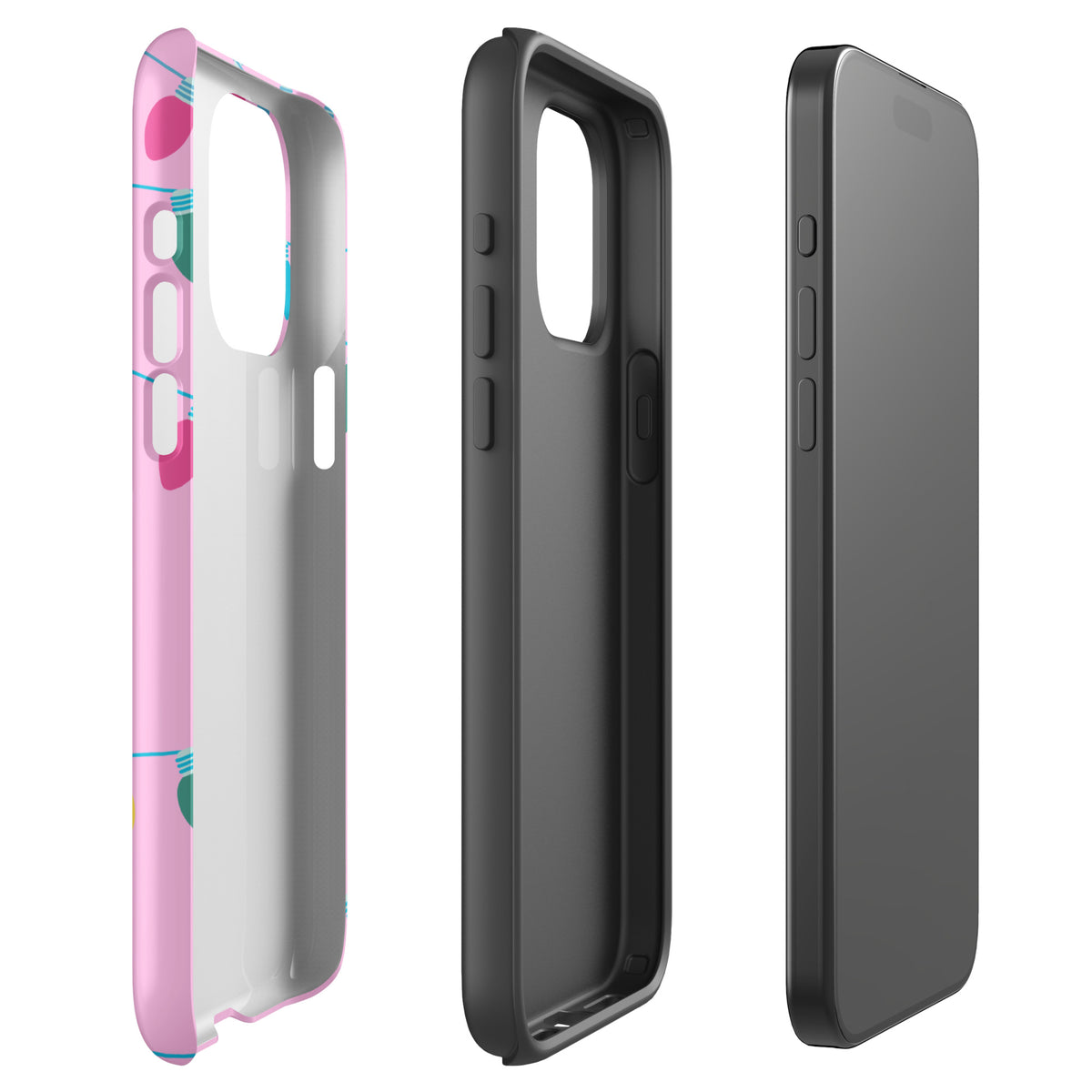 Phone Case for iPhone - Merry and Bright design with pink background and holiday lights, showing front and back views.