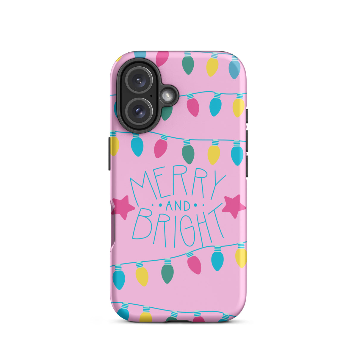 Phone Case for iPhone with "Merry and Bright" design, featuring pink background and colorful holiday lights.