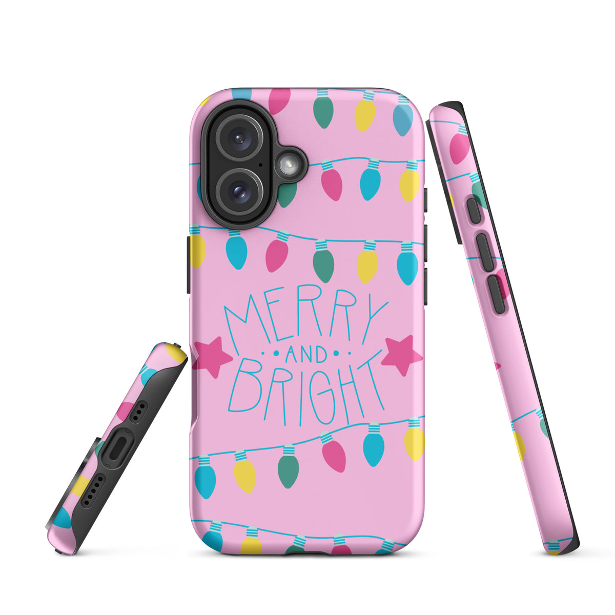 Phone Case for iPhone with Merry and Bright holiday lights design in pink background featuring colorful bulbs and stars