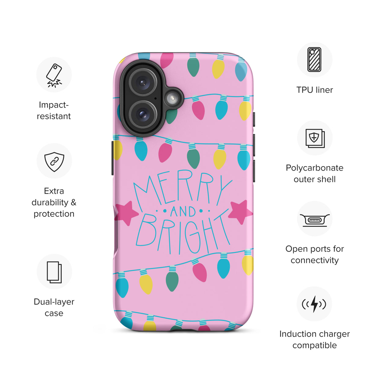 Phone Case for iPhone showcasing Merry and Bright holiday lights, stars, and pink background with festive colors.