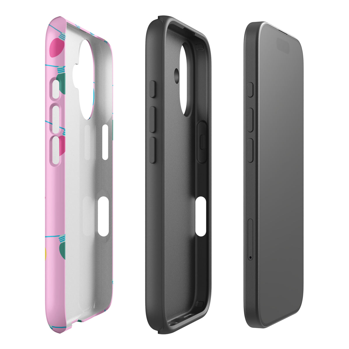 Phone Case for iPhone with Merry and Bright holiday lights design, featuring colorful bulbs and pink background.