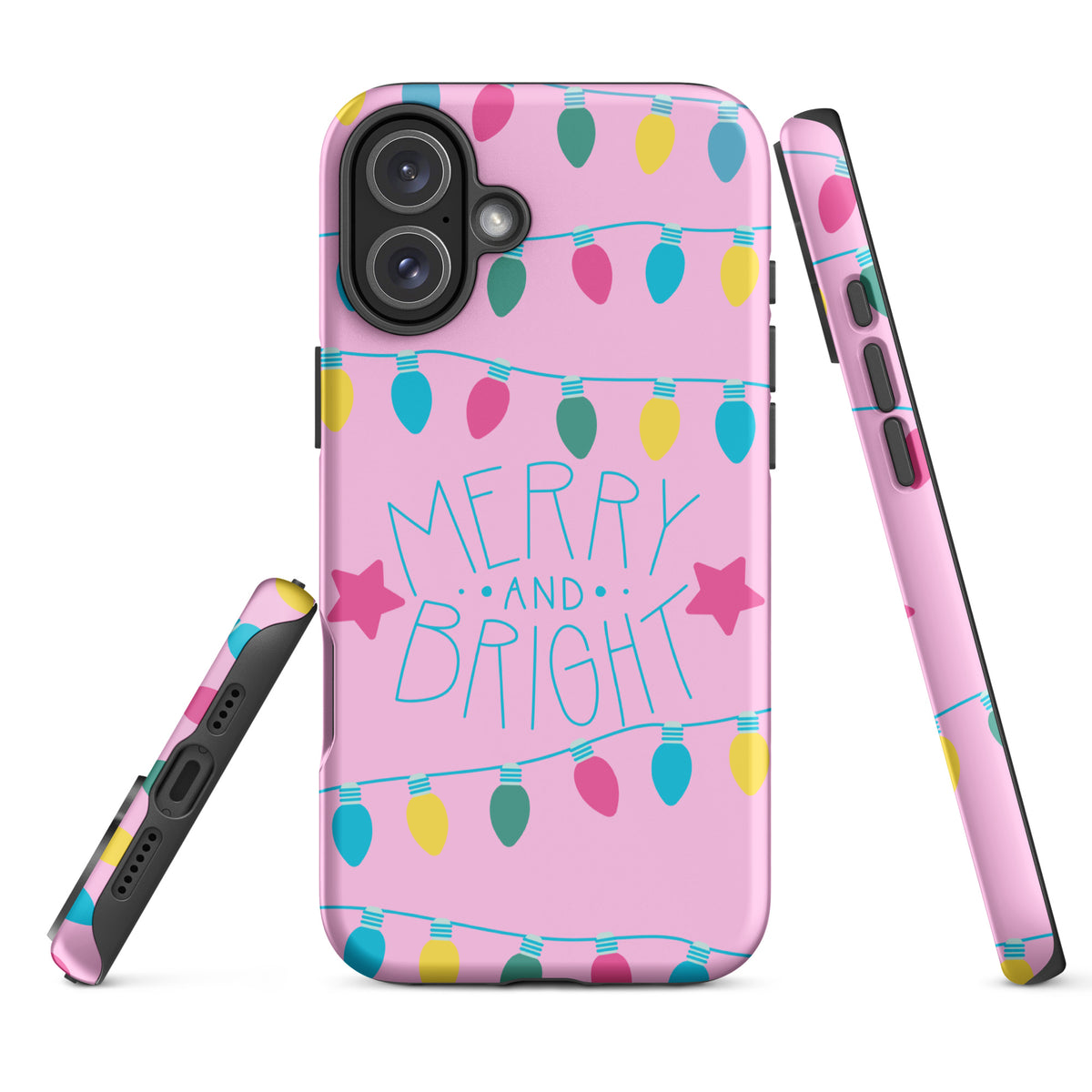 Phone Case for iPhone with Merry and Bright holiday lights design on pink background featuring colorful bulbs and playful stars.