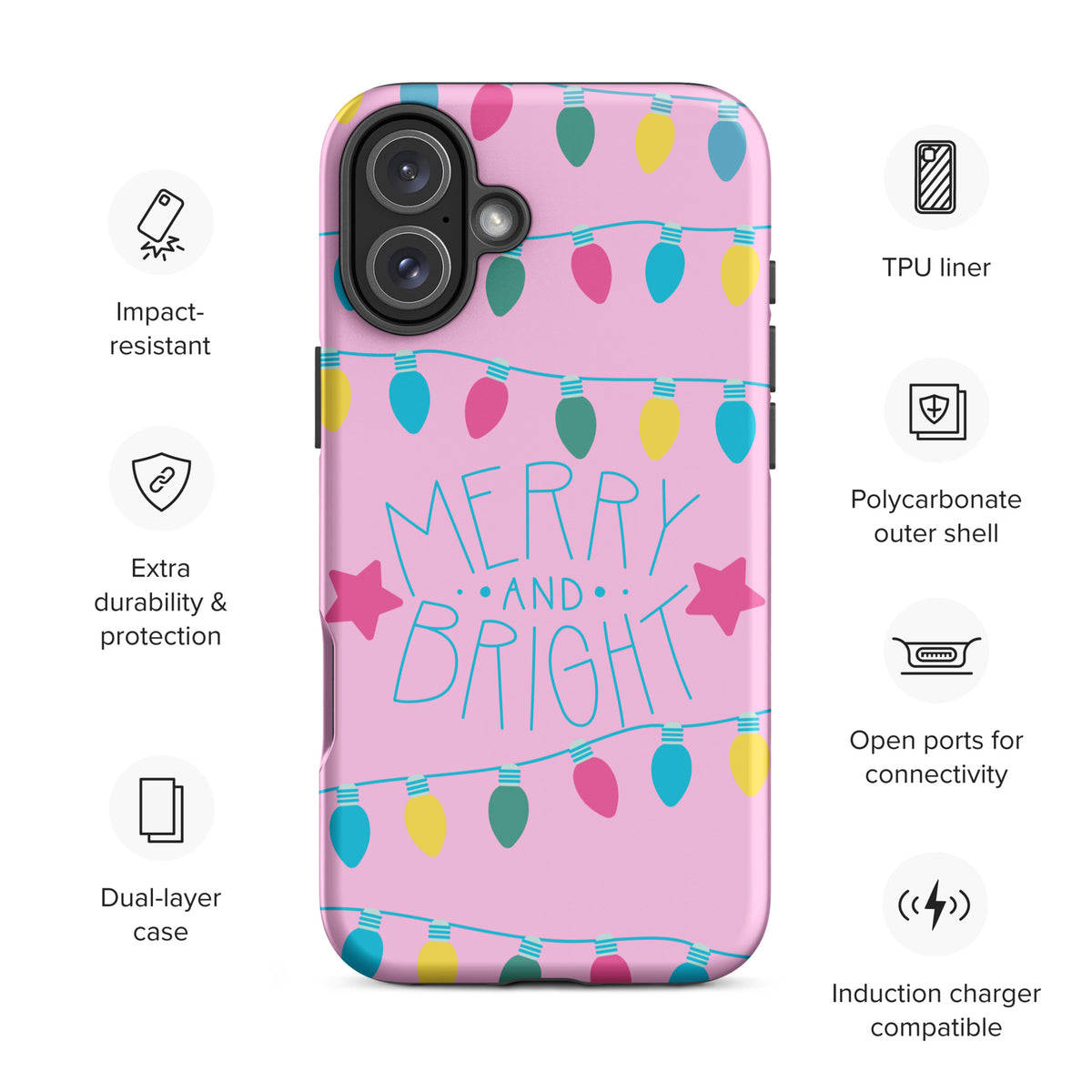 Phone Case for iPhone with Merry and Bright holiday lights design on pink background showcasing TPU liner and dual-layer protection features.